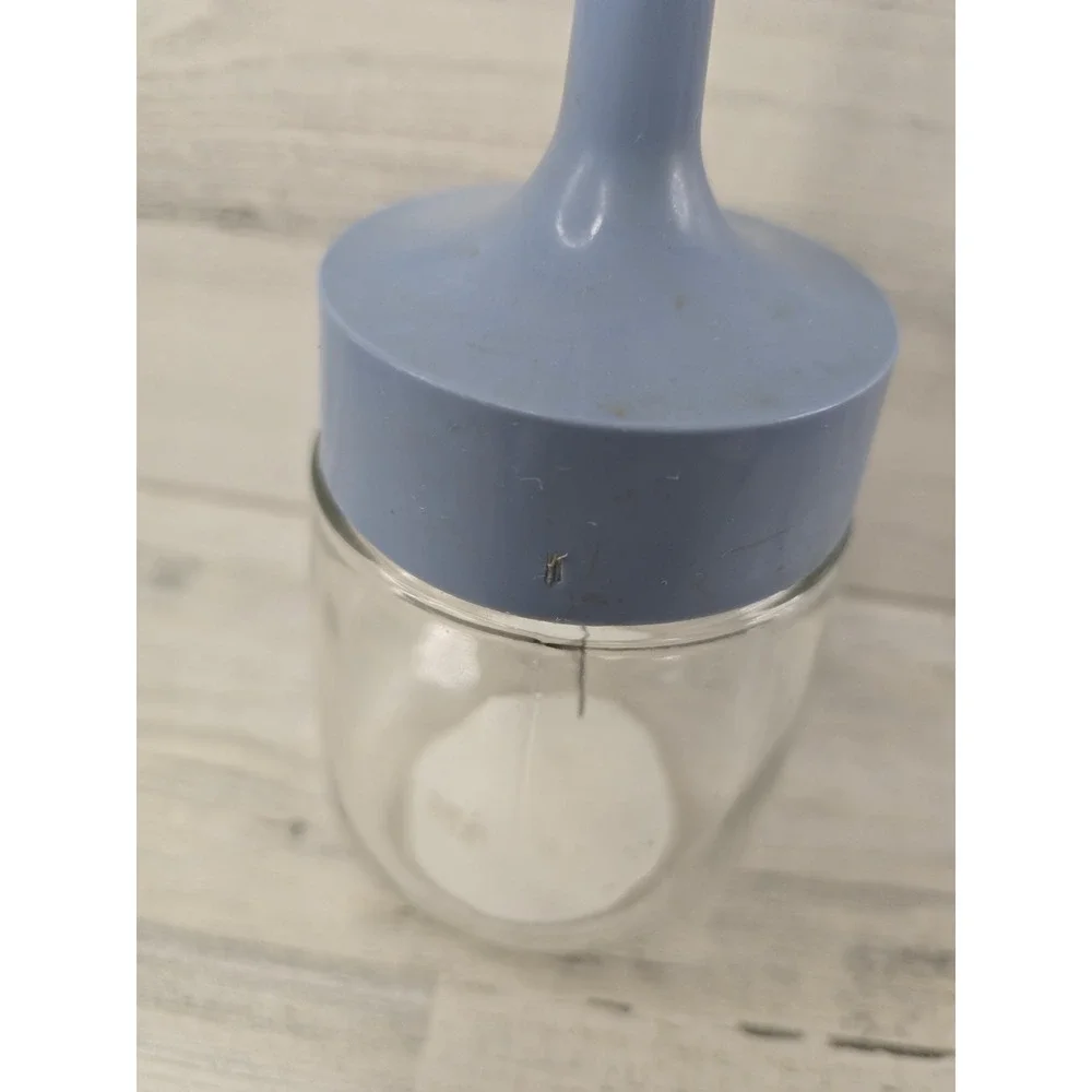 Vintage Manual Food Chopper Glass Jar Blue Plastic Plunger Zigzag Blade Retro